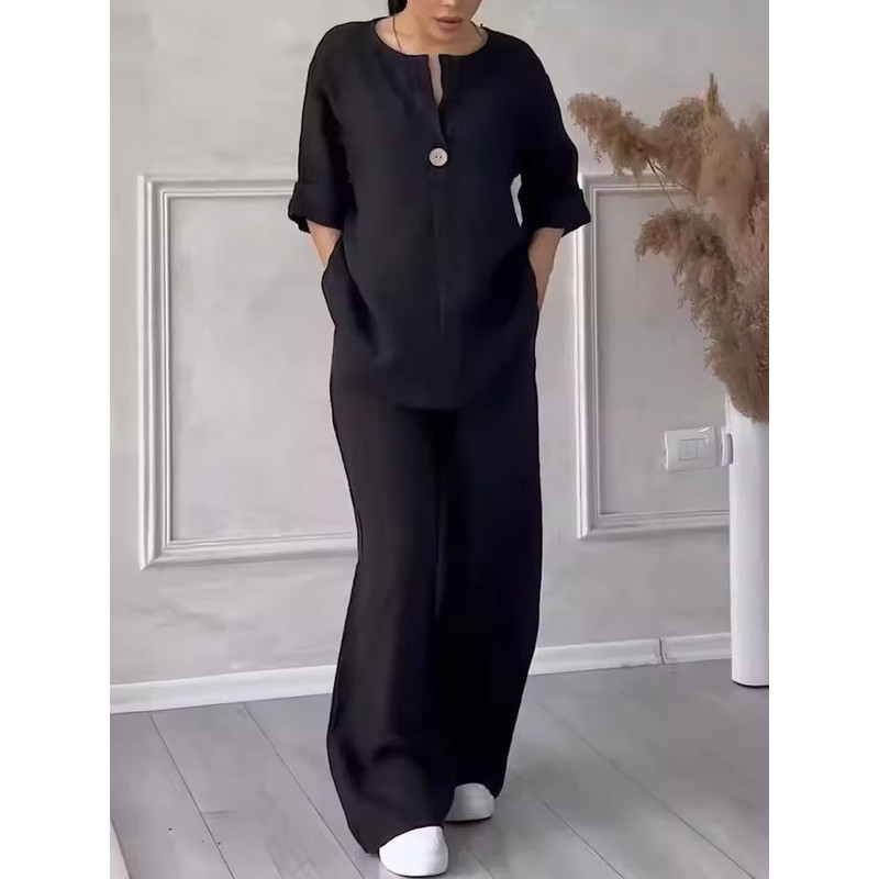 Womens Cotton Linen 2Piece Lounge Set Loose Long Sleeve Top And WideLeg Pants 4