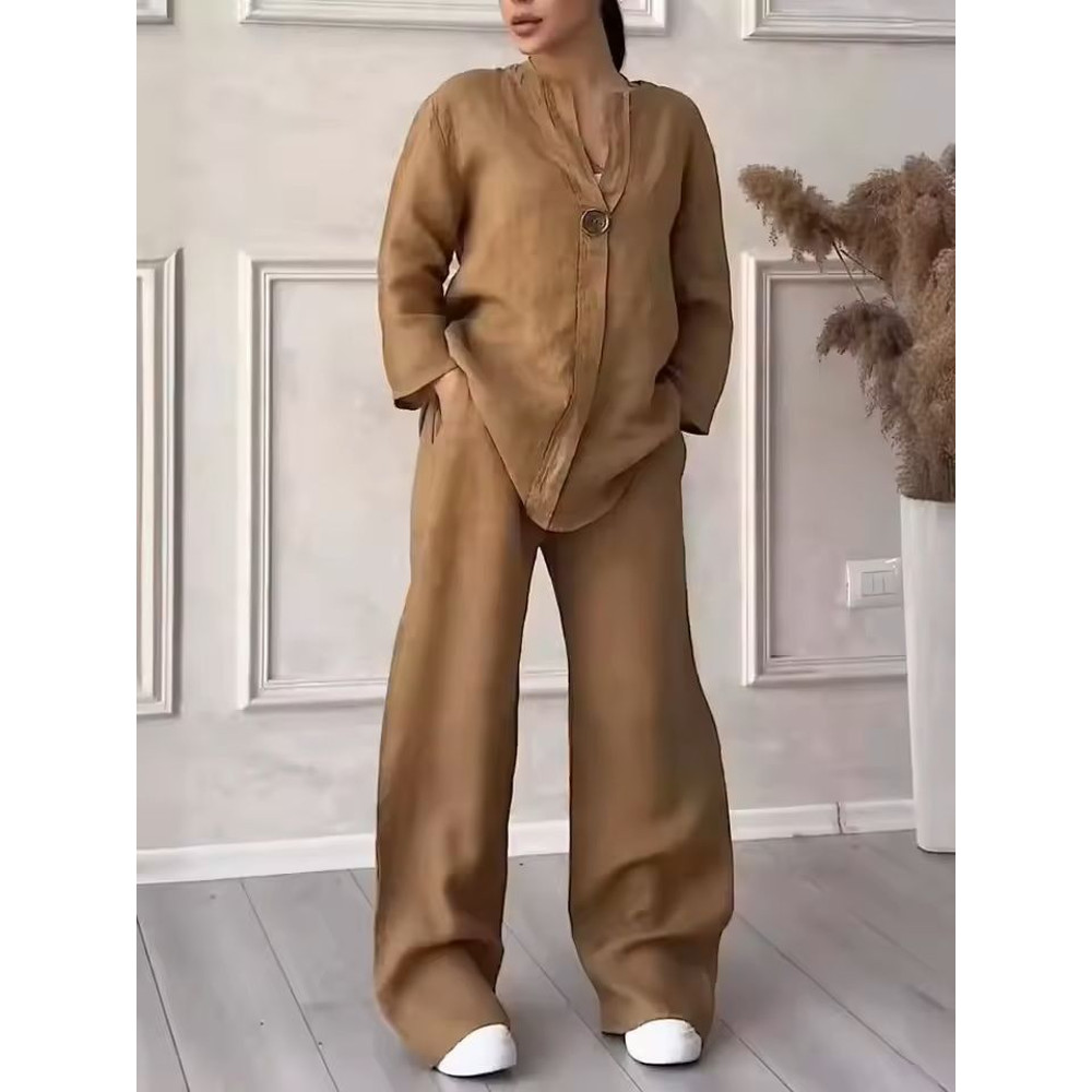 Womens Cotton Linen 2Piece Lounge Set Loose Long Sleeve Top And WideLeg Pants 7