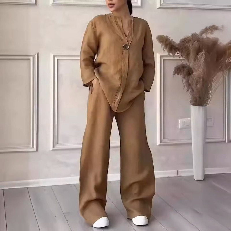 Womens Cotton Linen 2Piece Lounge Set Loose Long Sleeve Top And WideLeg Pants 8