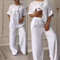 Womens Cotton Linen 2Piece Lounge Set Loose Long Sleeve Top And WideLeg Pants 0