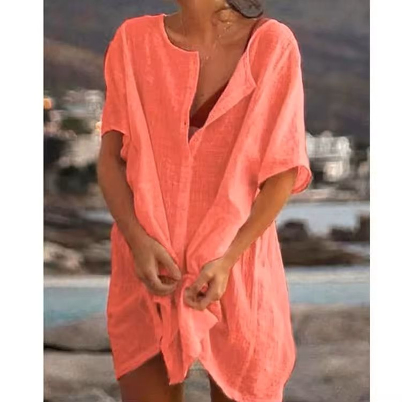 Cotton Linen Oversized Summer Blouse Vintage Short Sleeve Button Down Shirt For Women 3