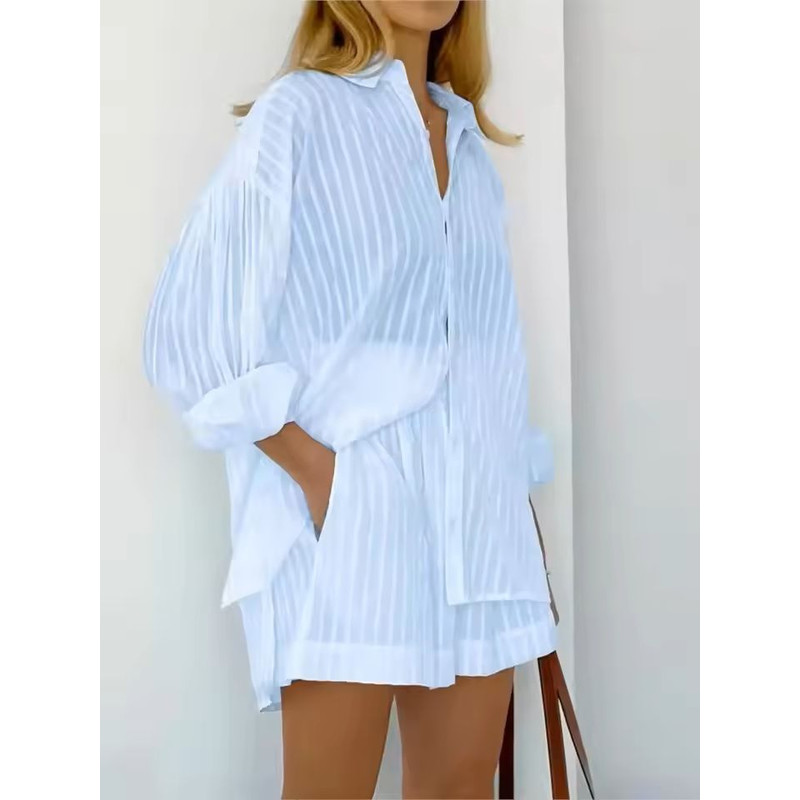 Cotton Two Piece Shorts Set For Women Long Sleeve Striped Shirt And Matching Summer Outfit 0