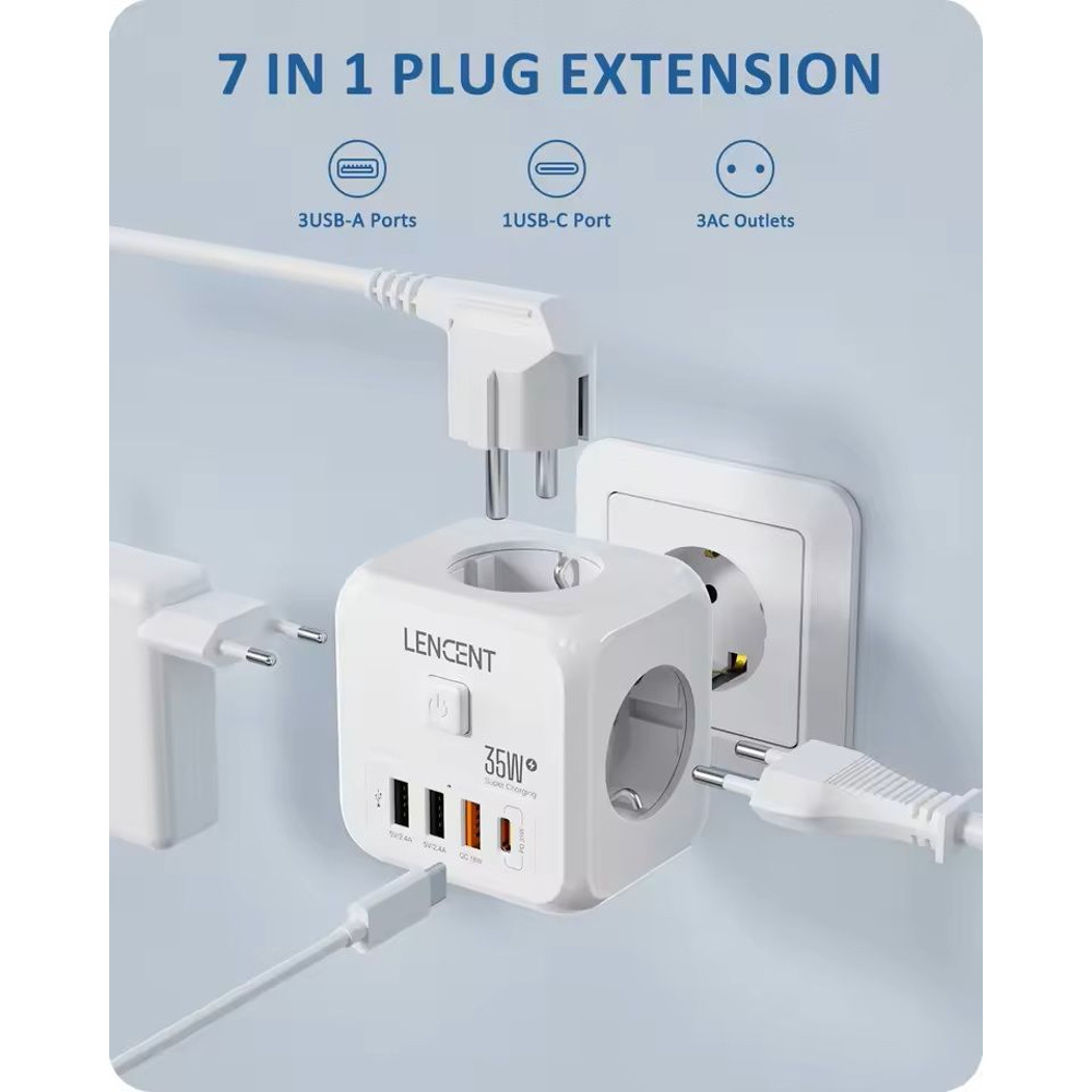 7 In 1 EU Plug Power Strip With USB Fast Charging And Type C PD Port 0
