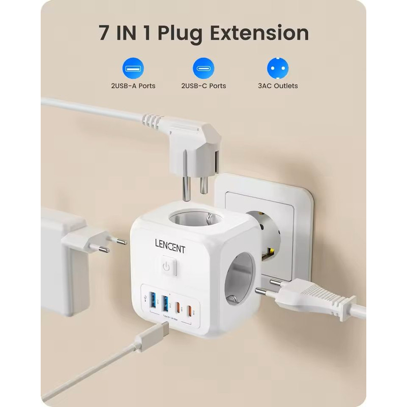 7in1 EU Plug Wall Socket Extender With USBC And Switch Control 1