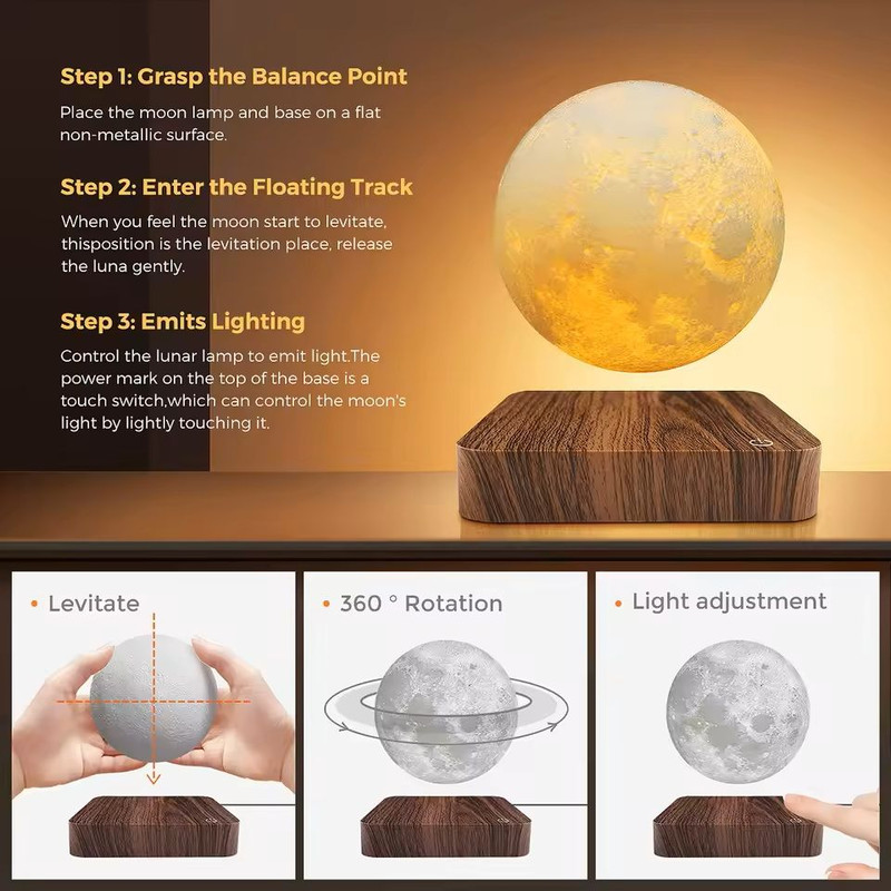 Levitating Magnetic Moon Lamp With 3 Color Modes And Wooden Base 4