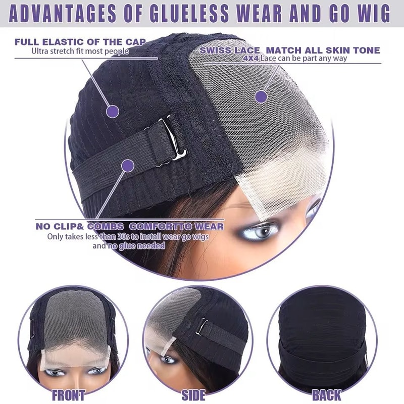 Kinky Straight Glueless Lace Wig Human Hair PreCut 4x4 Closure 5