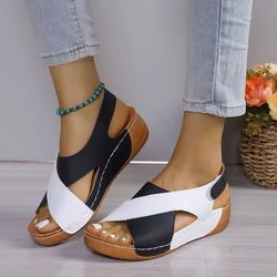 womens contrast color wedge sandals peep toe beach shoes