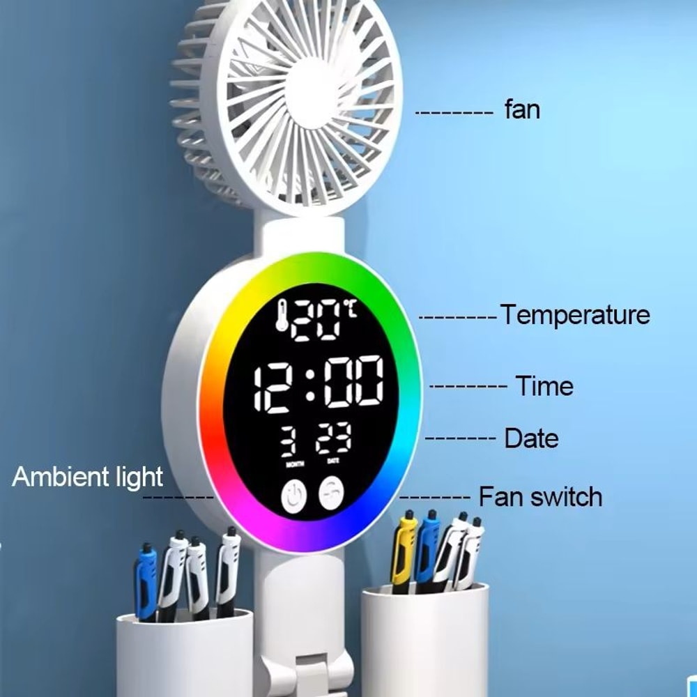 Rechargeable LED Table Lamp With Clock And Fan 3