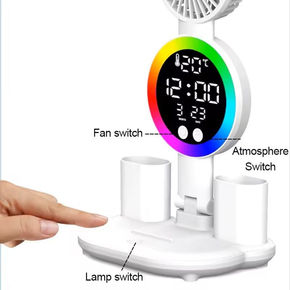Rechargeable LED Table Lamp With Clock And Fan 4