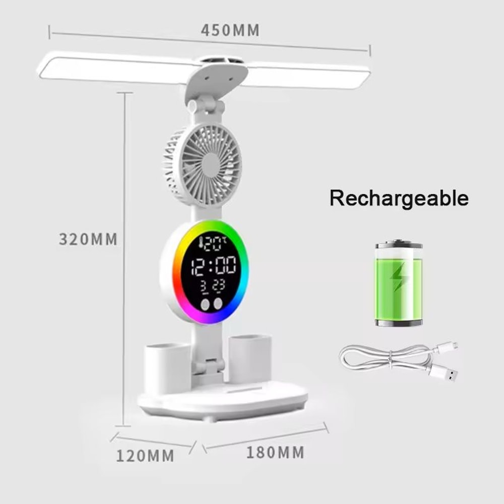 Rechargeable LED Table Lamp With Clock And Fan 10