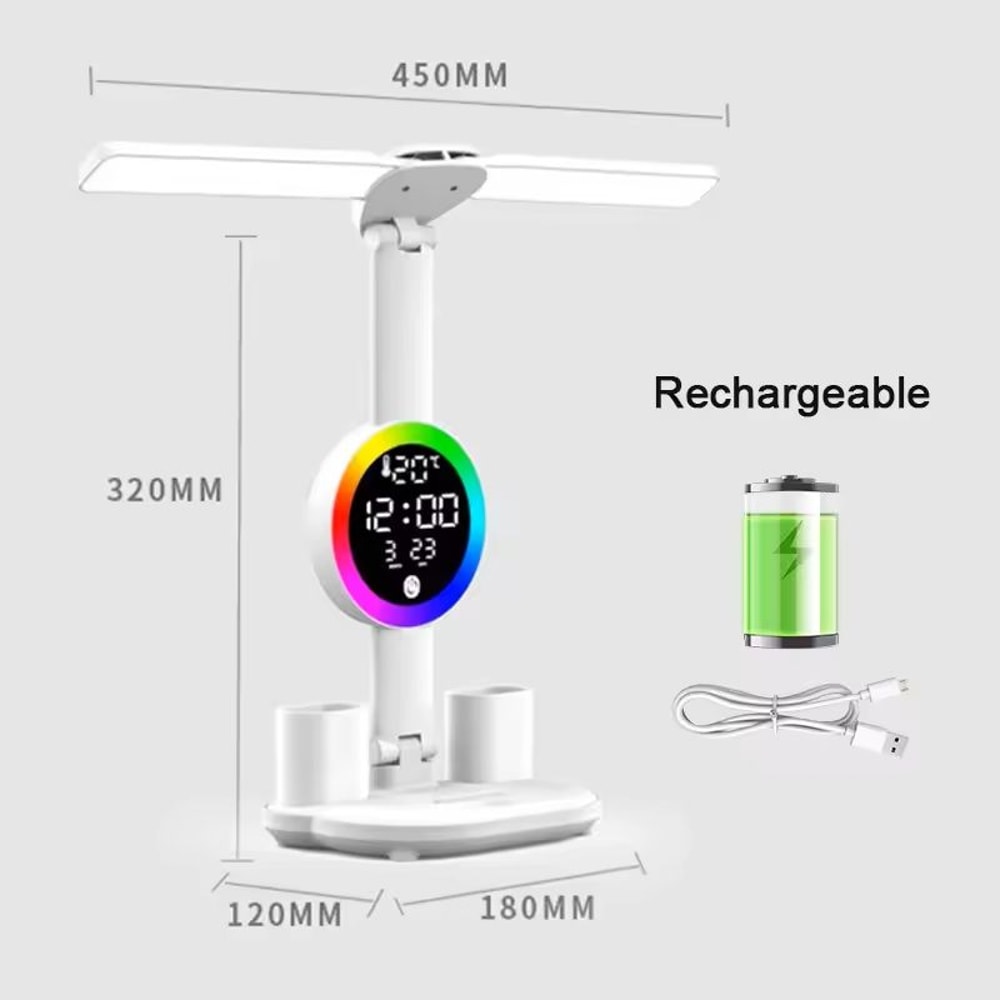 Rechargeable LED Table Lamp With Clock And Fan 7