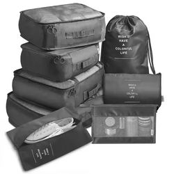 7 piece travel packing cubes set with shoe bag and pouches