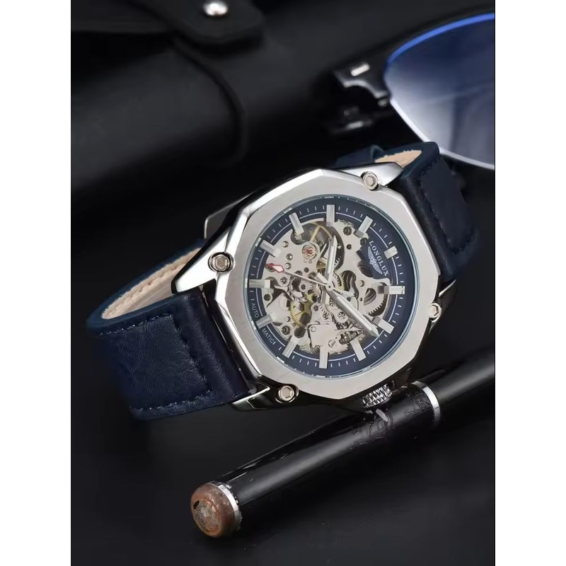 Automatic Mechanical Watch Hollow Dial Leather Strap For Men 0