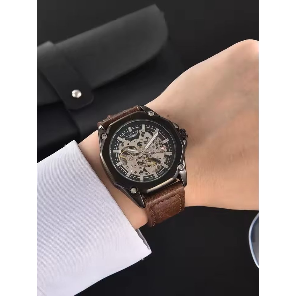 Automatic Mechanical Watch Hollow Dial Leather Strap For Men 2