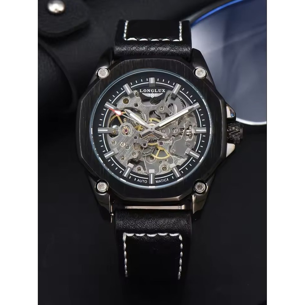 Automatic Mechanical Watch Hollow Dial Leather Strap For Men 9