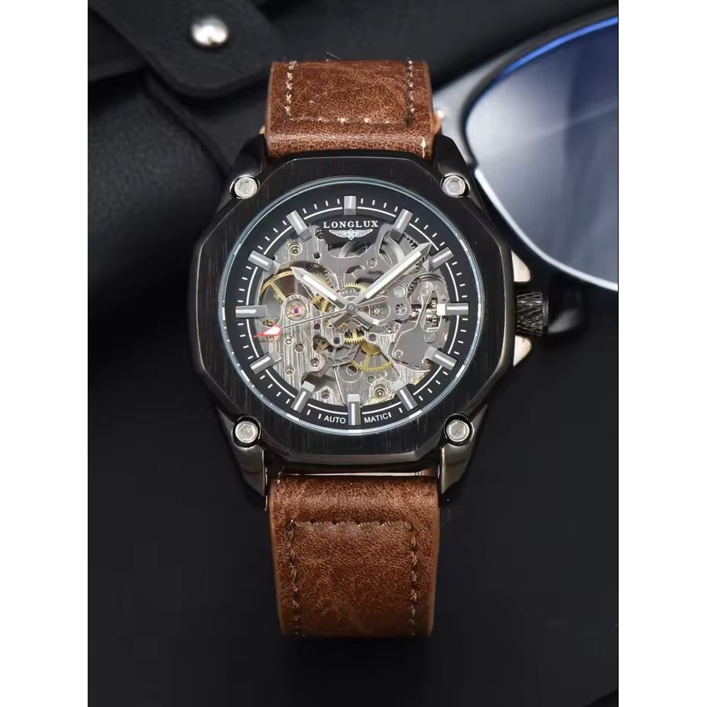 Automatic Mechanical Watch Hollow Dial Leather Strap For Men 10
