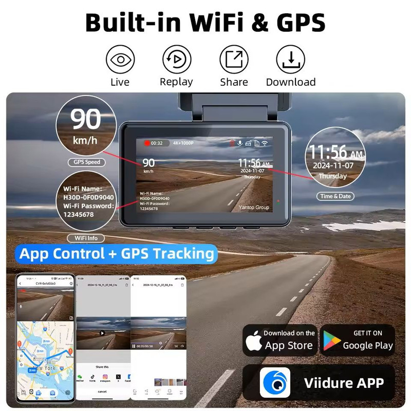 4K Dual Lens Dash Cam With GPS WiFi Night Vision Front And Rear Camera 4