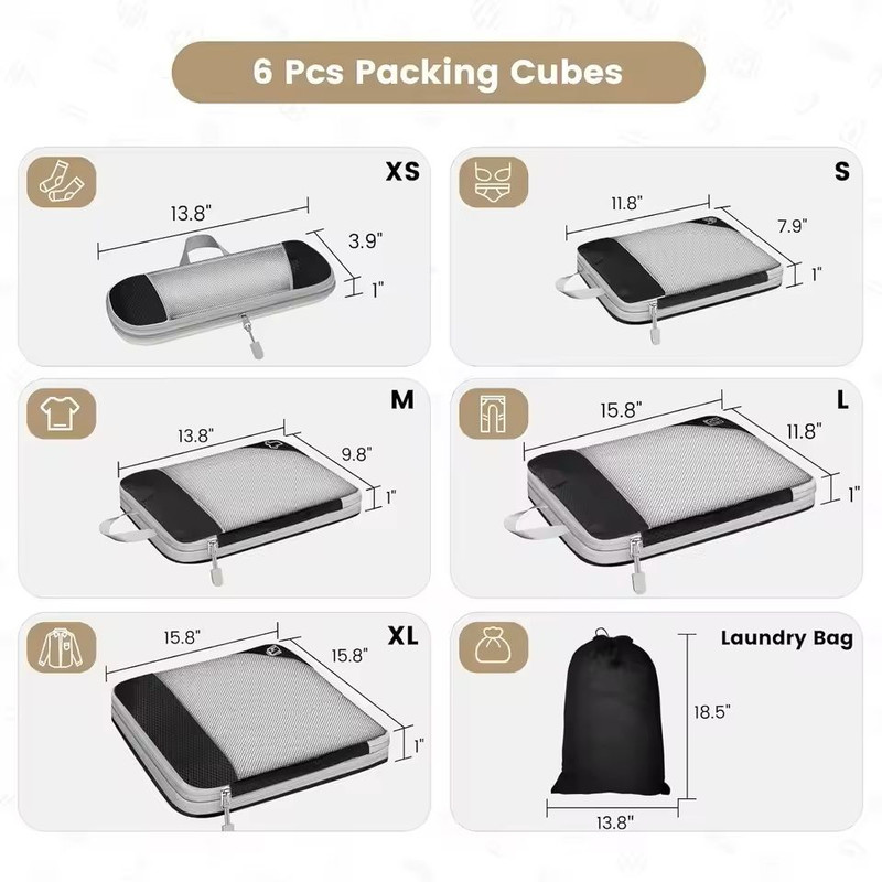 6 Piece Travel Packing Cube Set With Shoe Bag And Mesh Panels 2