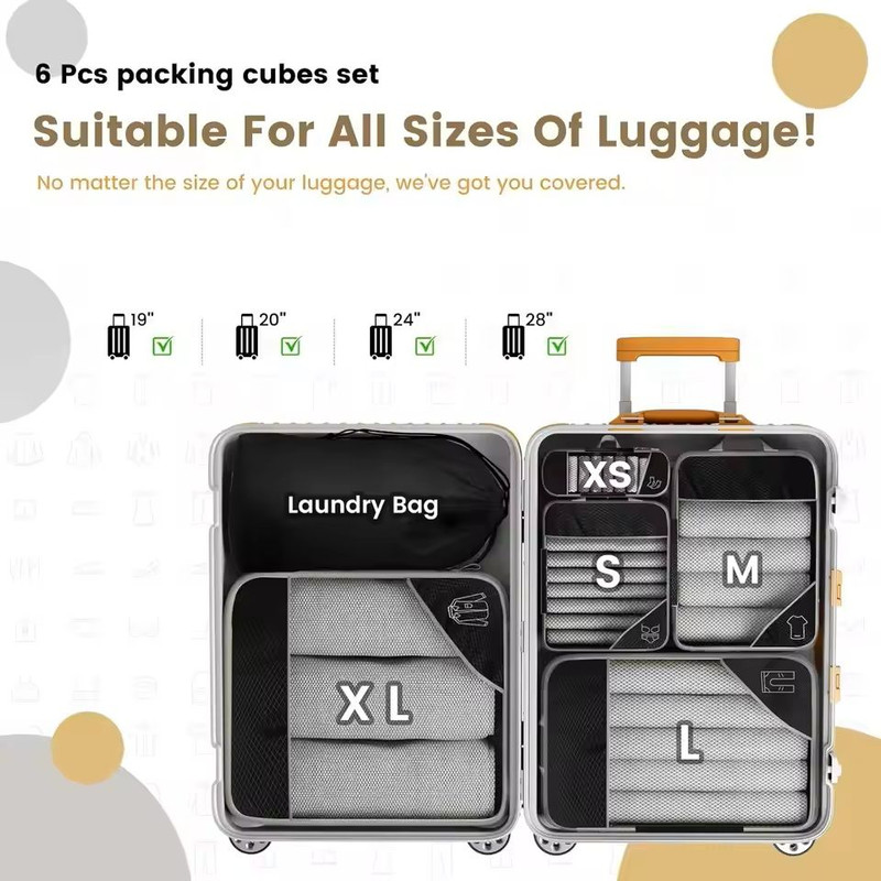 6 Piece Travel Packing Cube Set With Shoe Bag And Mesh Panels 3
