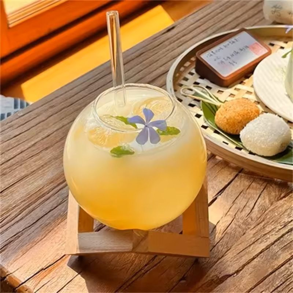 Creative Round Ball Glass Cup With Wood Stand And Straw 0