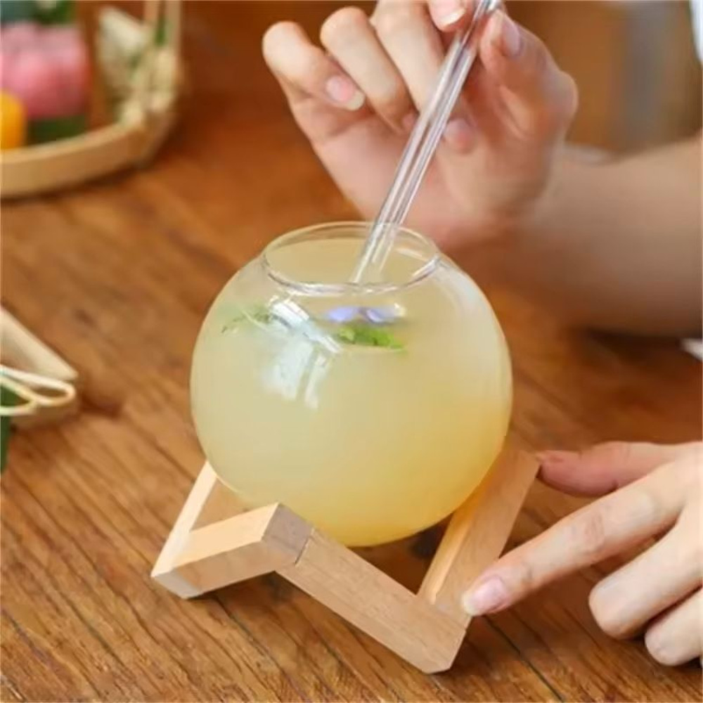 Creative Round Ball Glass Cup With Wood Stand And Straw 1