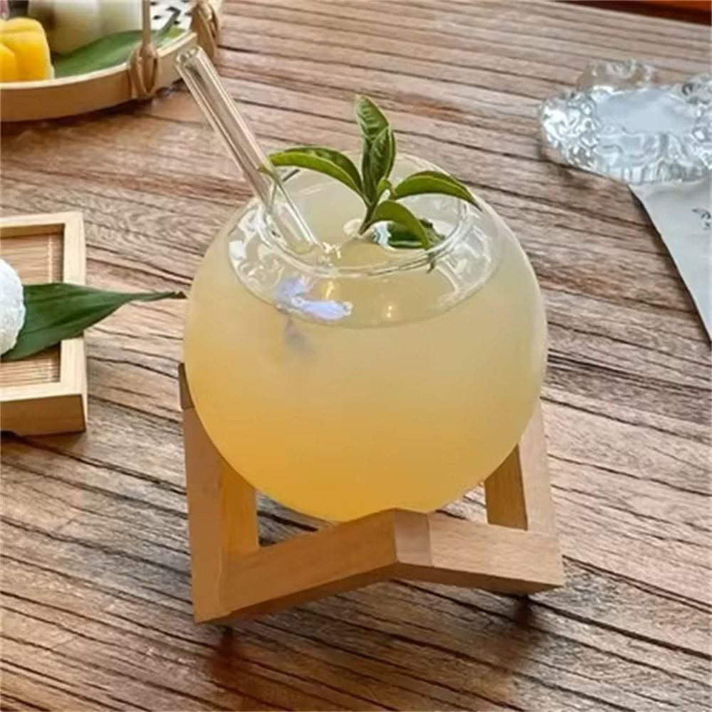 Creative Round Ball Glass Cup With Wood Stand And Straw 2