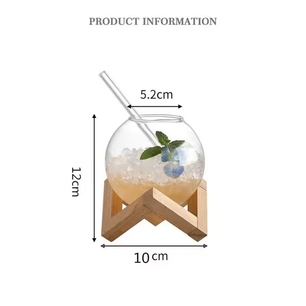 Creative Round Ball Glass Cup With Wood Stand And Straw 3
