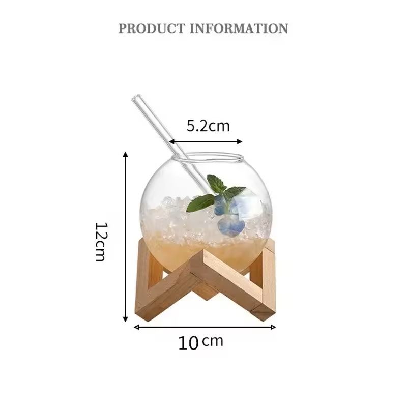 Creative Round Ball Glass Cup With Wood Stand And Straw 3