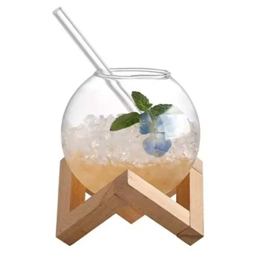 Creative Round Ball Glass Cup With Wood Stand And Straw 4