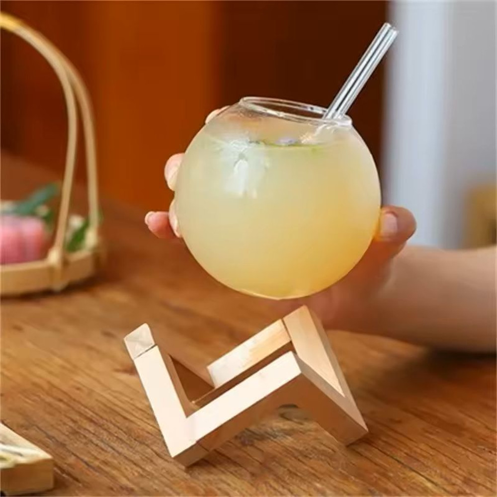 Creative Round Ball Glass Cup With Wood Stand And Straw 5