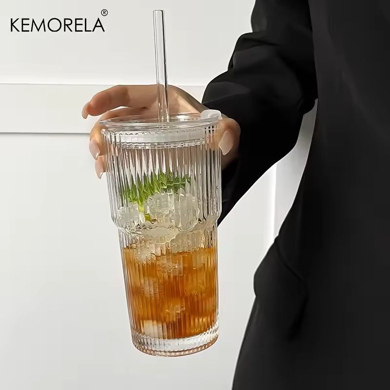 600ML Stripe Glass Coffee Cup With Lid And Straw 2