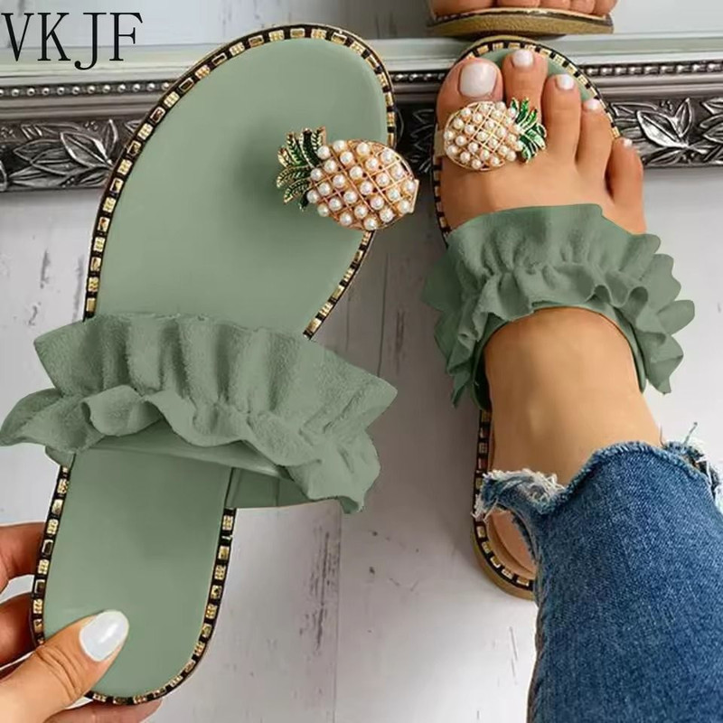 Bohemian Pineapple Pearl Flat Sandals For Women With Summer Slip On Design 0