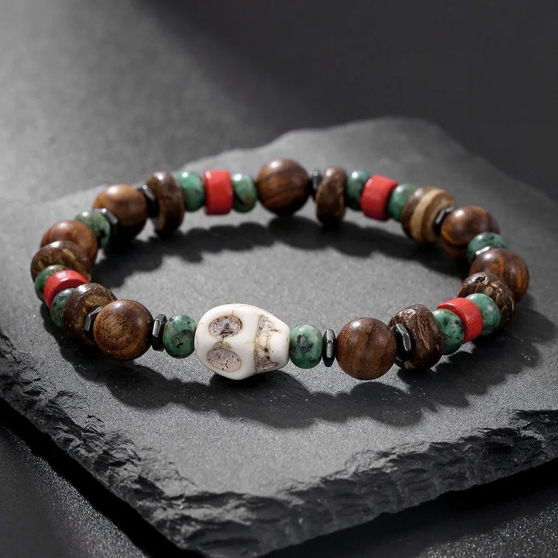 Vintage Beaded Bracelet For Men With Skull And Natural Stone Accents 6