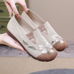 breathable mesh flat embroidered shoes for women