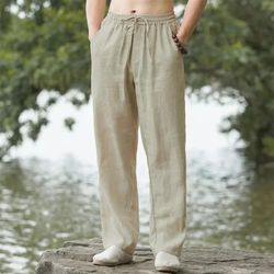 men summer cotton linen beach pants casual loose joggers