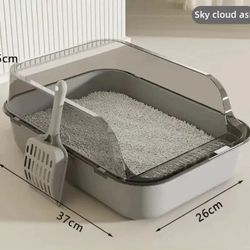 semi-enclosed cat litter box with splash guard and cleaning basin