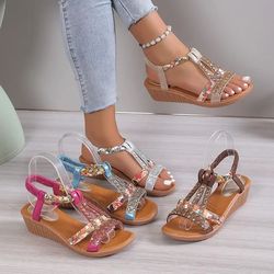 womens rhinestone wedge sandals with platform sole
