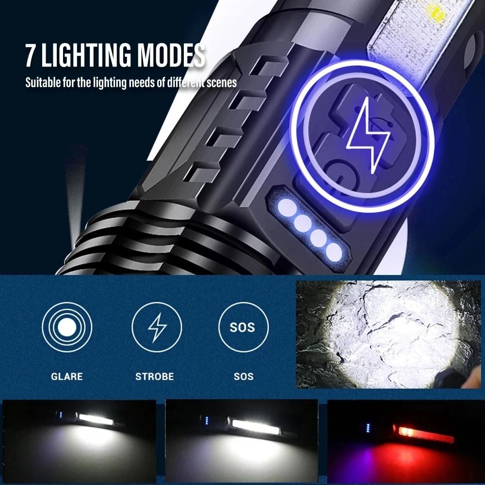Powerful LED Flashlight With Side Light USB Rechargeable Zoom Camping Lantern 2