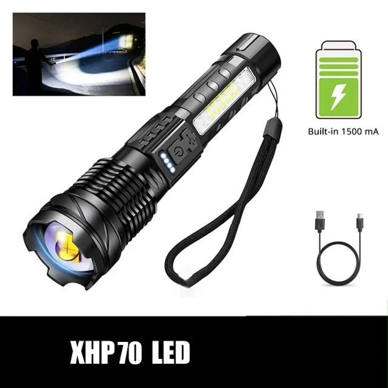 Powerful LED Flashlight With Side Light USB Rechargeable Zoom Camping Lantern 9
