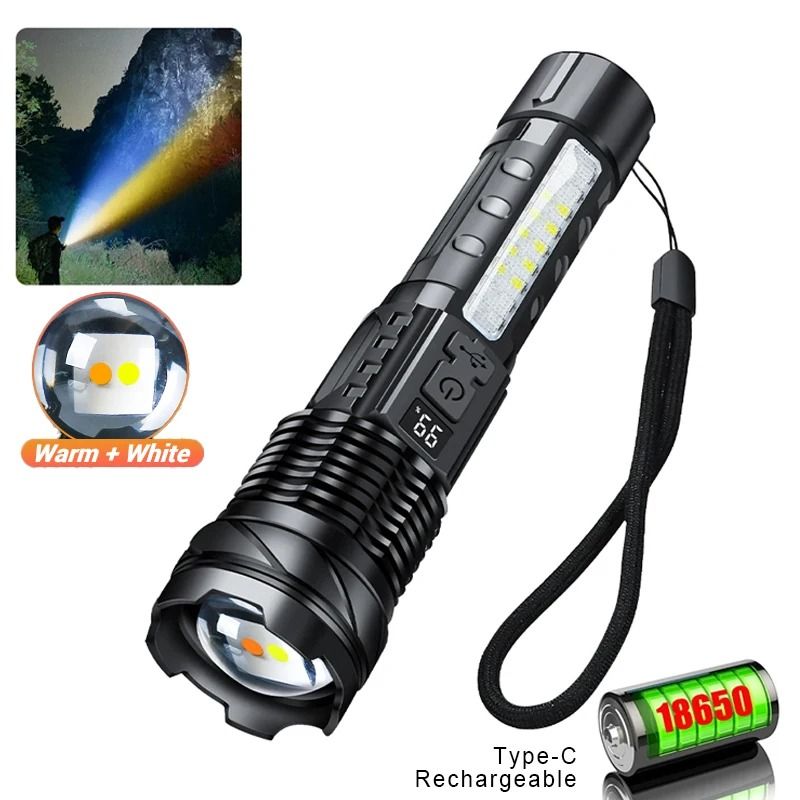 Powerful LED Flashlight With Side Light USB Rechargeable Zoom Camping Lantern 7
