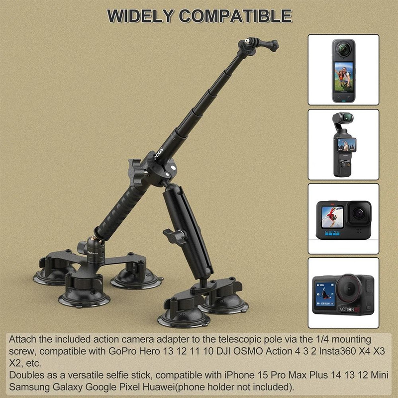 Suction Mount Kit For Action Cameras With Selfie Stick Compatibility 2