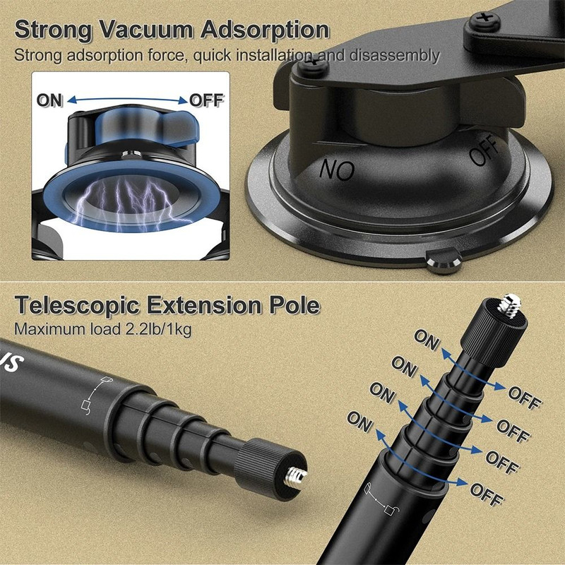 Suction Mount Kit For Action Cameras With Selfie Stick Compatibility 3