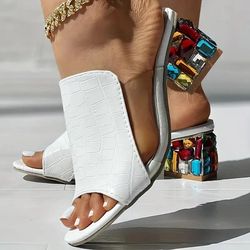 women crystal square heel open toe sandals for summer