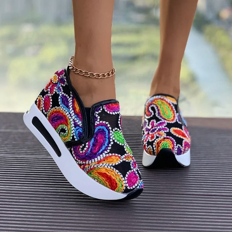 Womens SlipOn Platform Sneakers With Embroidered Design Breathable Mesh  Thick Sole Comfort Loafers 4