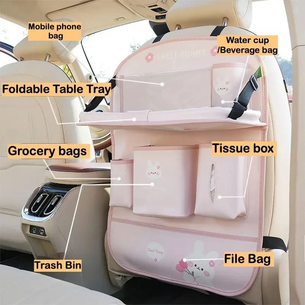 Leather Car Seat Back Organizer With Foldable Table And MultiFunction Storage 2
