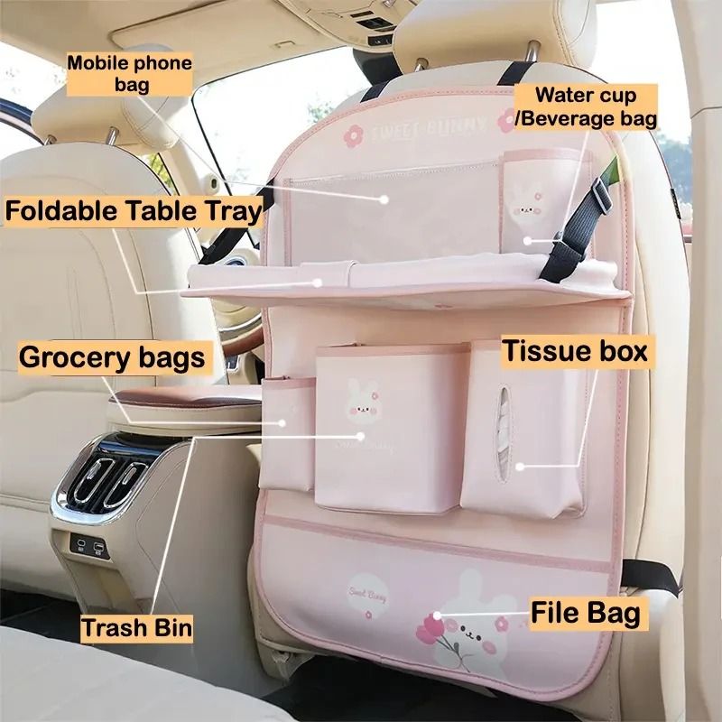 Leather Car Seat Back Organizer With Foldable Table And MultiFunction Storage 2