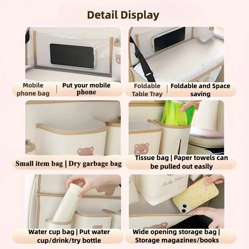 Leather Car Seat Back Organizer With Foldable Table And MultiFunction Storage 3