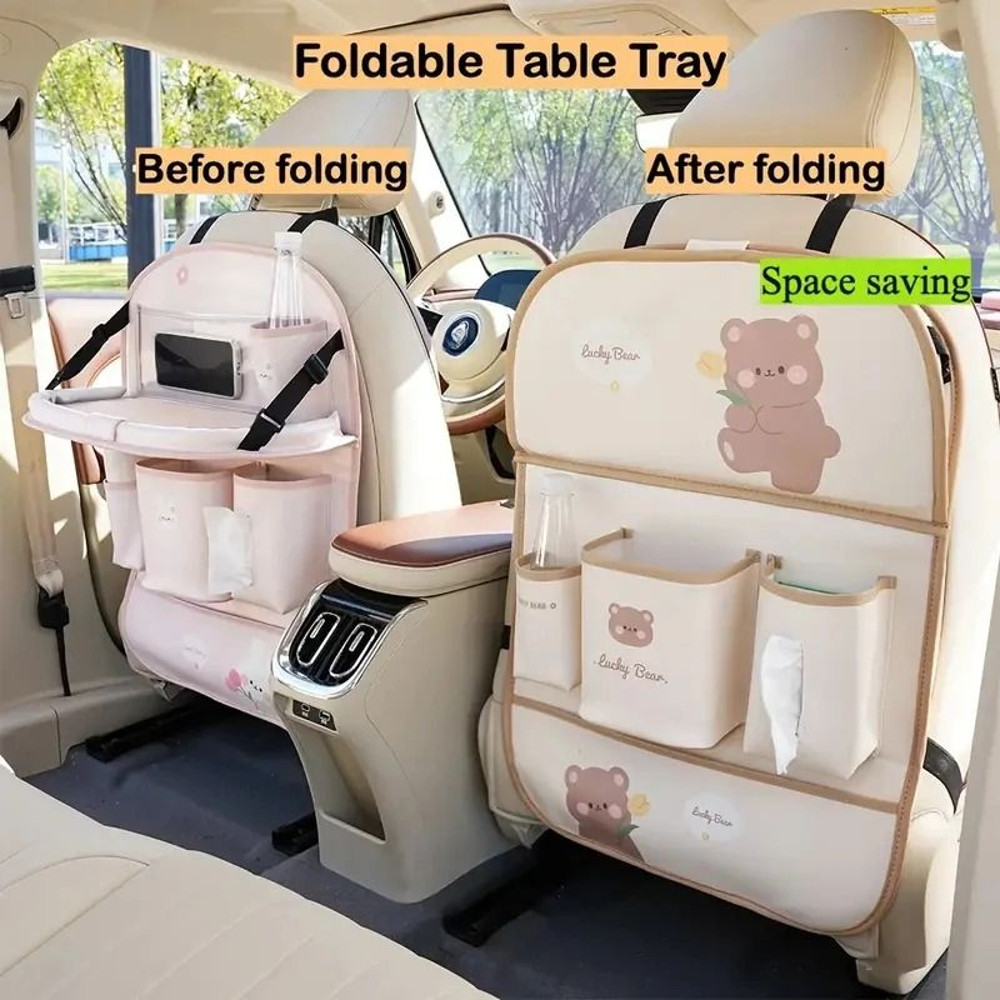 Leather Car Seat Back Organizer With Foldable Table And MultiFunction Storage 4