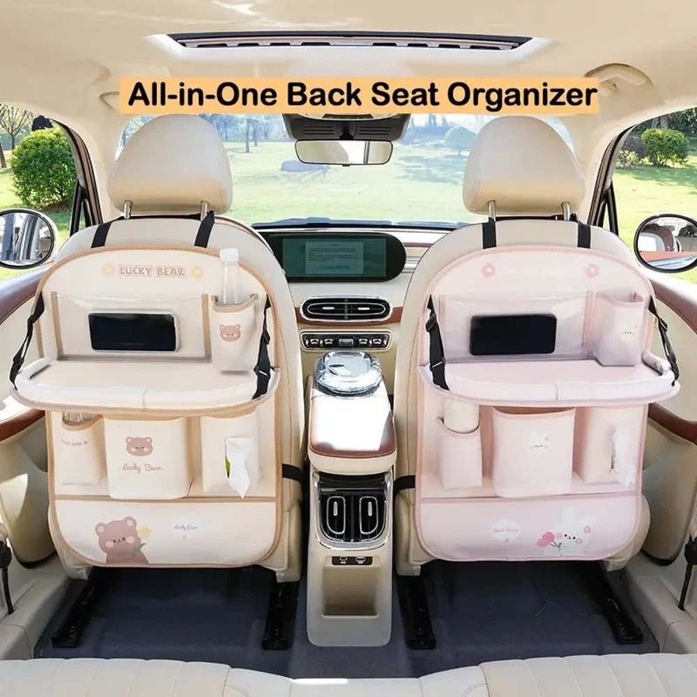 Leather Car Seat Back Organizer With Foldable Table And MultiFunction Storage 5