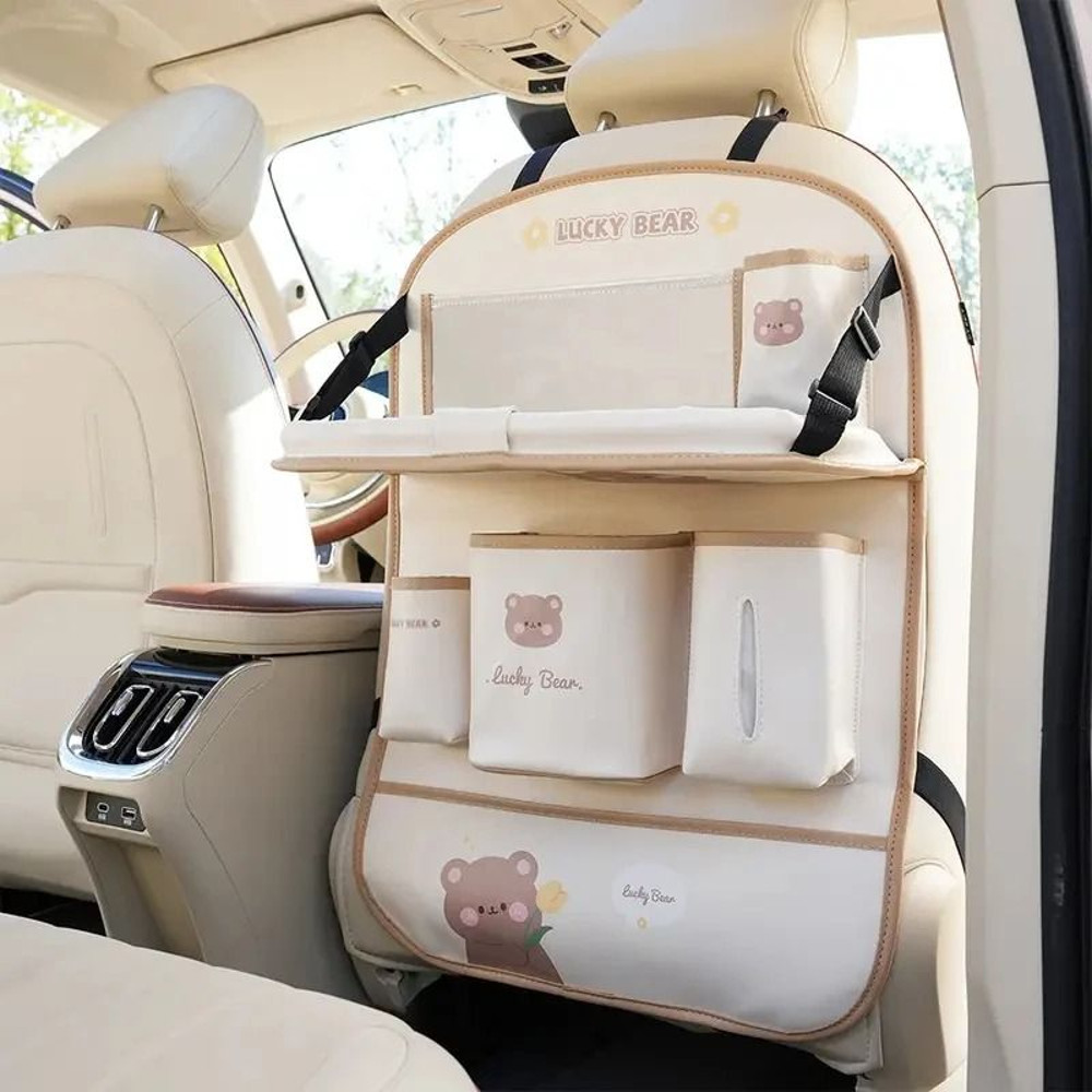 Leather Car Seat Back Organizer With Foldable Table And MultiFunction Storage 8